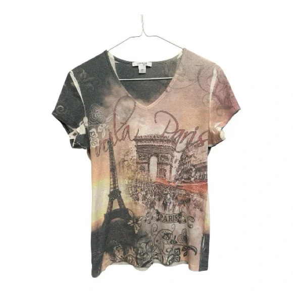 Y2K Era Dressbarn Paris Graphic Tee - Black and Pink w/ Rhinestones PM - Picture 1 of 6